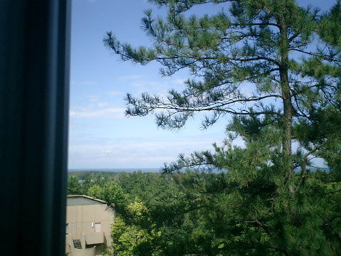 窓から日本海と佐渡島が見える。